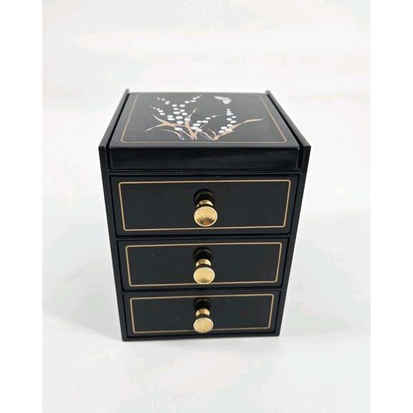 Vintage 80s Japanese Black Lacquer Jewelry Box Hand Crafted 3 Drawers And Mirror - Picture 1 of 15